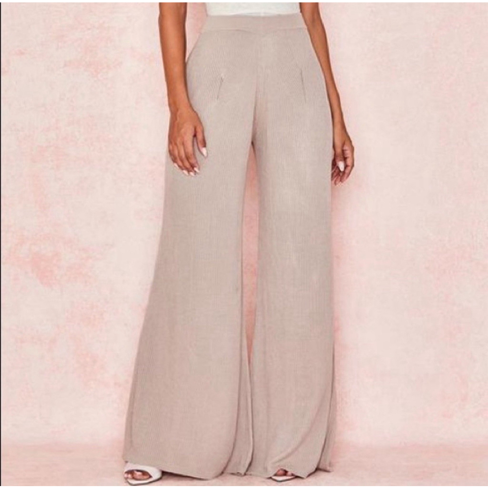 House Of CB Elia Knit Wide Leg Flare Pants High Rise Tan Ribbed EUC Viscose